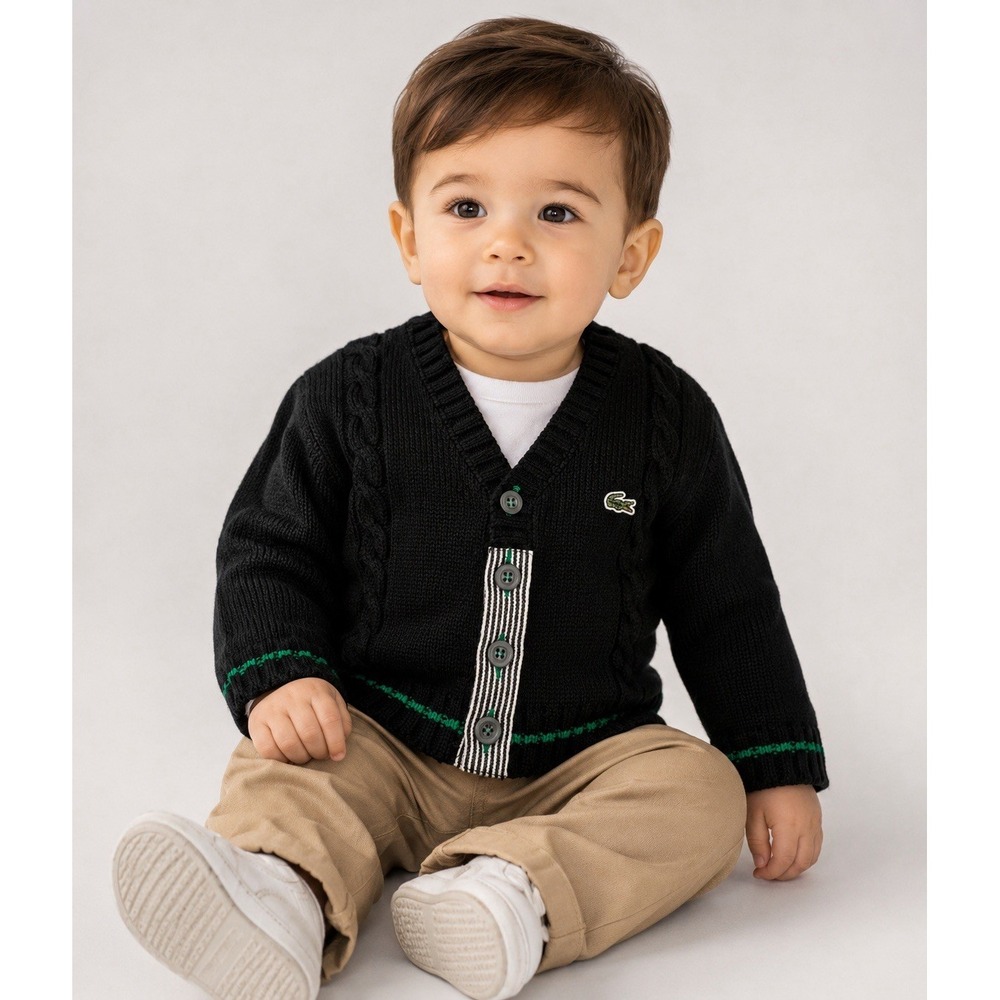 Vintage Chemise Lacoste Baby 12M Cardigan Sweater Black Cable Knit Crocodile